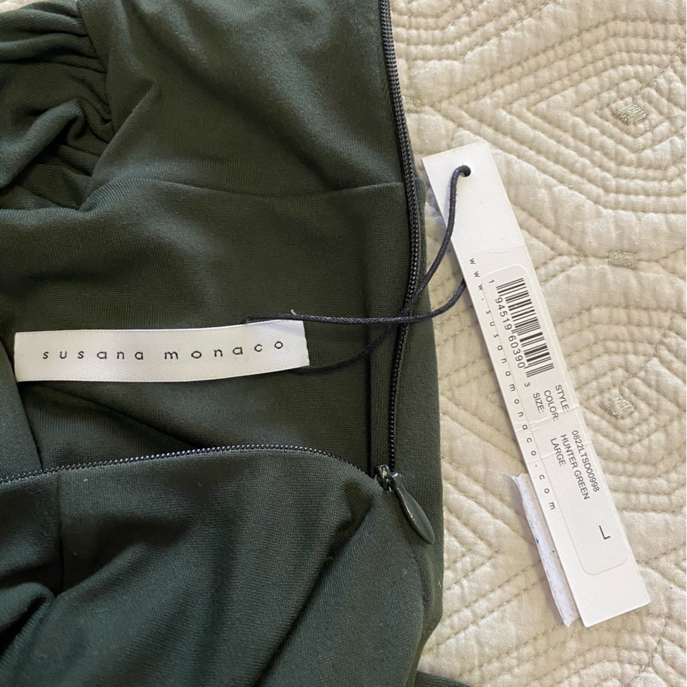 New Susana Monaco Crisscross MockNeck Bodycon Dress Longsleeve Hunter Green Sz L - Picture 14 of 15